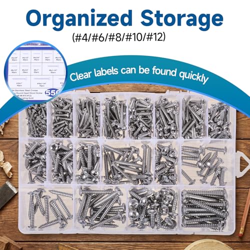 550Pcs 304 Stainless Steel Wood Screws Kit, Phillips Pan Head, Self Tapping, Length 1/4" to 1-1/2", Silver