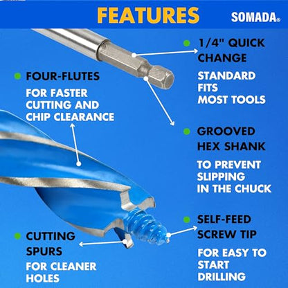 SOMADA Auger Drill Bit Set for Wood, 4-Piece, Hex Shank Quick Change - size: 4 PCS SET