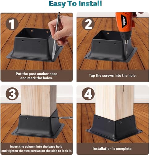 4 x 4 Post Base, 2 Pcs (Inner Size 3.6"x3.6"Deck Post Base) Heavy Duty Metal Black Powder Coated Post Brackets Fit for Standard Wood Post Anchor for Deck Porch Handrail Railing Support - size: 3.6X3.6-2PCS