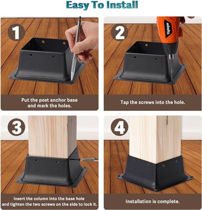 4 x 4 Post Base, 2 Pcs (Inner Size 3.6"x3.6"Deck Post Base) Heavy Duty Metal Black Powder Coated Post Brackets Fit for Standard Wood Post Anchor for Deck Porch Handrail Railing Support - size: 3.6X3.6-2PCS