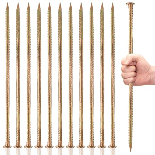 MIVIDE 12 Pack 16 Inch Gold Rebar Stakes, 1/2 Inch Diameter, Galvanized Steel Ground Anchors, Heavy Duty Metal Rebar Stakes for Speed Bumps, Garden Plants, Wheel, Wood, Tent