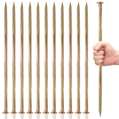 MIVIDE 12 Pack 16 Inch Gold Rebar Stakes, 1/2 Inch Diameter, Galvanized Steel Ground Anchors, Heavy Duty Metal Rebar Stakes for Speed Bumps, Garden Plants, Wheel, Wood, Tent