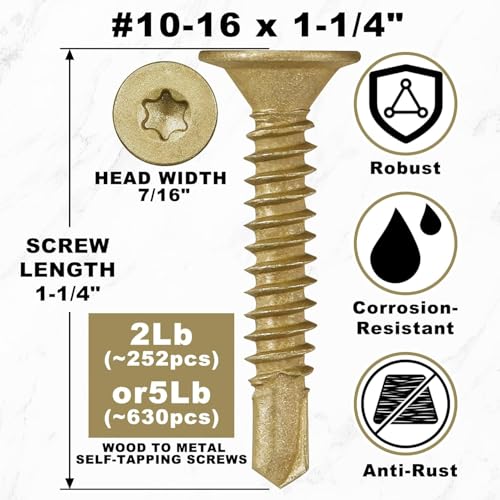 Yaocom #10-16 x 1-1/4" Wood to Metal Self Drilling Screws, 11 lb, 1575 Pcs - size: 11 lb