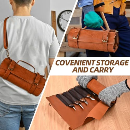 IMYMEE Deluxe Wood Carving Kit - 21Pcs Wood Carving Tools with Leather Storage Bag,Wood Carving Tools Set with 8Pcs Whittling Knives, 8Pcs Detail Carving Knives,Wood Whittling Kit for Beginners - color: Brown