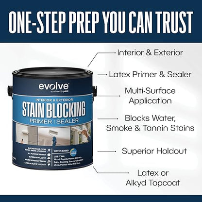 Evolve Stain Blocking Primer & Sealer, 1 Gallon – Interior & Exterior, Multi-Surface, High-Performance Stain & Odor Blocker, Excellent Adhesion, Low VOC, Fast Drying - size: 1 Gallon