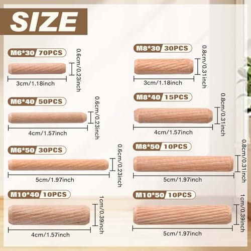 SPEEDWOX 225Pcs Wooden Dowel Pins 8 Sizes 1/4 5/16 3/8 Inch Small Fluted Wood Dowels Rods Crafts Pegs Hardwood Pin for Furniture Woodworking DIY Crafts with Labeled Storage Box