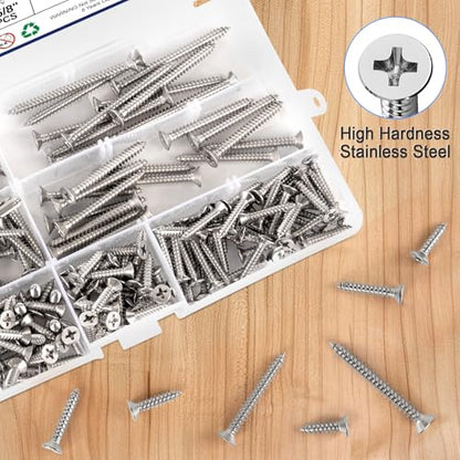 220 Pcs Wood Screws Assortment Kit, 304 Stainless Steel Screws, Phillips Drive Flat Head, Wood Screws, Screws Assortment Kit, Screw Set, 7 Sizes (2", 1-1/2", 1-1/4", 1", 3/4", 5/8", 1/2") - size: #6 #8 220PCS