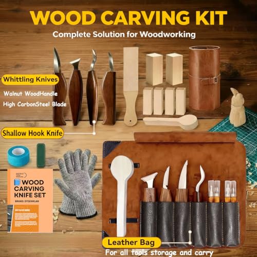 Dysenklan Wood Carving Kit Deluxe-Whittling Knife with PU Storage Bag,4 Wood Carving Knives 4 Detail Knives 6 Blocks, Woodworking Widdle Gift for Beginners Kids Adults Hobby