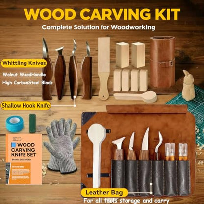 Dysenklan Wood Carving Kit Deluxe-Whittling Knife with PU Storage Bag,4 Wood Carving Knives 4 Detail Knives 6 Blocks, Woodworking Widdle Gift for Beginners Kids Adults Hobby