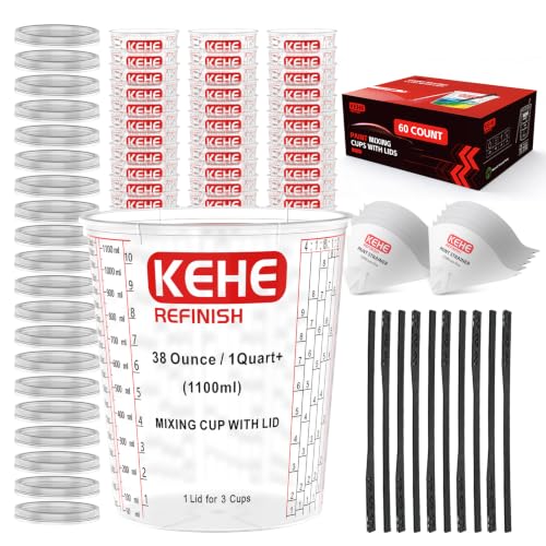 60-pack Paint Mixing Cups by KEHE REFINISH,38 oz (1100ml),Disposable or Reusable Plastic Measuring Cups with Lids for Liquids, Paints, Resin, Epoxy, Art,Ratios 1:1, 2:1, 3:1, 4:1, 5:1, 6:1, 8:1 - size: 38oz-60Kit