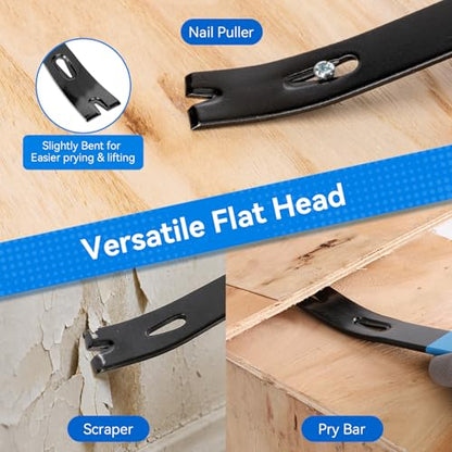 4 Pcs Pry Bar Set, 12" Cats Paw Nail Puller, 10" & 7.5" Flat Pry Bars, 8" End Cutting Pliers, Utility Wonder Crowbar, Nail Remover Tool for Prying, Scraping, Lifting, Pulling, with Gloves