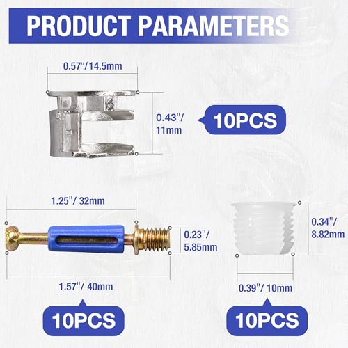 10 Sets Furniture Cam Lock Fasteners, 3-in-1 Cam Locks for Furniture, Cam Lock Fittings Cam Connector Furniture Replacement Parts, 1-9/16" / 40mm Dowel with Blue Plastic Sleeve - size: 1-9/16" ( 40mm )