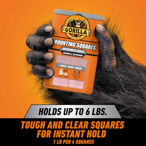 GORILLA Invisible Hold Double Sided Tape, 24 Pre-Cut 1" Mounting Squares