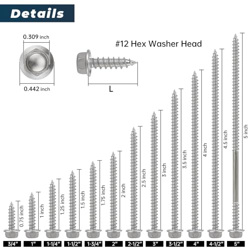 #12 x 1-1/2" Flanged Hex Head Fiberboard Wood Screws 50-Pack, 410 Stainless Steel Rust-Resistant Screws for Furniture & Wood Working Projects, Hex Bit Included - size: #12 x 1-1/2