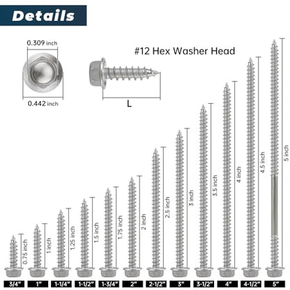 #12 x 3/4" Flanged Hex Head Fiberboard Wood Screws 50-Pack, 410 Stainless Steel Rust-Resistant Screws for Furniture & Wood Working Projects, Hex Bit Included - size: #12 x 3/4