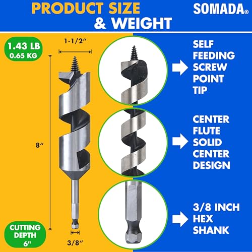 SOMADA 1-1/2" x 8" Auger Drill Bit for Wood, Ship Auger Hex Shank - size: 1-1/2"x8" Silver