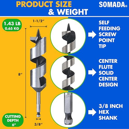 SOMADA 1-1/2" x 8" Auger Drill Bit for Wood, Ship Auger Hex Shank - size: 1-1/2"x8" Silver
