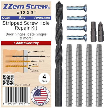 4-Pack #12 x 3 inch Permanent Stripped Door Hinge Screw Hole Repair Kit - size: 4 Pack