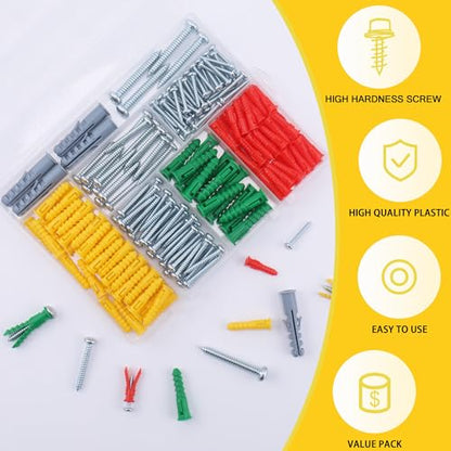 JEGONFRI 208PCS Drywall Anchors & Screws Kit, 4 Sizes, Wall Anchors