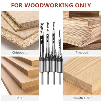 4 Pcs Mortise Chisel Set 1/4 5/16 3/8 1/2 Inch Square Hole Drill Bits for Mortiser Wood Mortising Chisel Drill Bit Hollow Chisel Mortise and Tenon Drill Tools