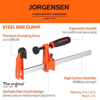 Jorgensen 2-Pack Steel Bar Clamp Set, Light Duty F-Clamp, 8-Inch & 12-Inch - size: 8 Inch & 12 Inch Light Duty