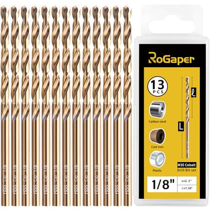 1/8 Inch Cobalt Drill Bits, 13 Pack of M35 HSS,135 Degree Tip,Jobber Length Twist Drill Bit Set for Hard Metal, Stainless Steel drill bits,Cast Ironhardened steel drill bits, with Storage Case - style: 1/8-13pcs