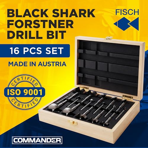 Forstner Bit Set Woodworking Black Shark Forged, 1/4" to 2-1/8", 16-Pcs Box - size: 16pc Set 1/4-2-1/8"