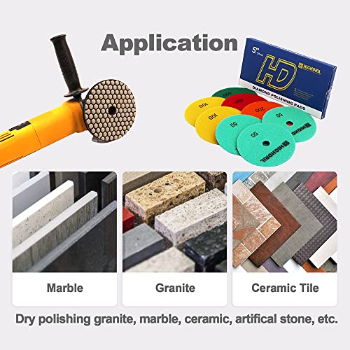 Dry Diamond Polishing Pads - 8pcs 5 inch (#50x3,#100x2,#200x1,#400x1,#800x1) Sanding Pads Kit for Granite Marble Ceramic Used on Angle Grinder or Polisher, with Rubber Backing Pads+ Adapter 5/8”-11 - size: 5inch / 125MM, style: KIT2