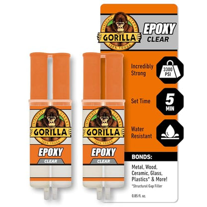 Gorilla 2 Part Epoxy, Clear Epoxy, 0.85 Ounce Syringe (Pack of 2) - 5 Minute Set, Incredibly Strong Bonding - size: 2 Pack