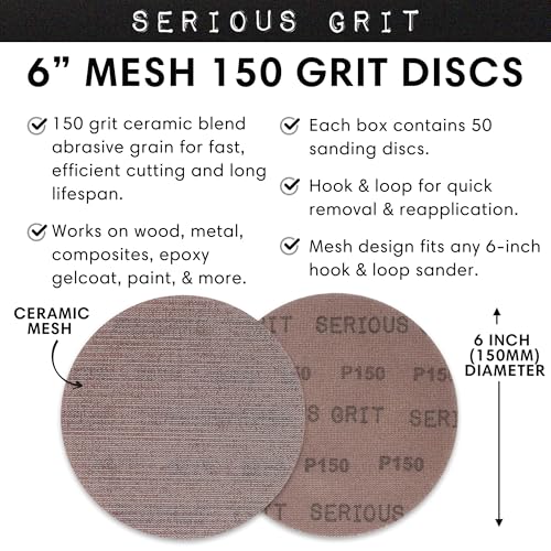 Serious Grit - 6-Inch P150 Grit Ceramic Mesh Sanding Discs - 50 Pack - style: 150 Grit