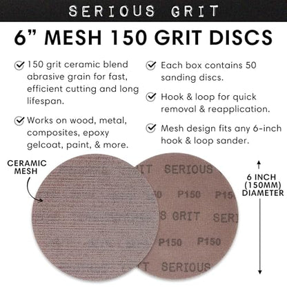 Serious Grit - 6-Inch P150 Grit Ceramic Mesh Sanding Discs - 50 Pack - style: 150 Grit