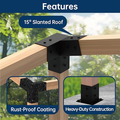 15° Slanted Roof Wall Mounted Pergola Bracket Kit 4x4, Including 2 Wall Bases, 2 105 ° 3-Way and 2 Bases, Angled 4x4 Wooden Beams Lumber Gazebos Patio Pergola Sheds Lean to Porch Roof - size: 4x4 Angled 4pcs + Base 2pcs