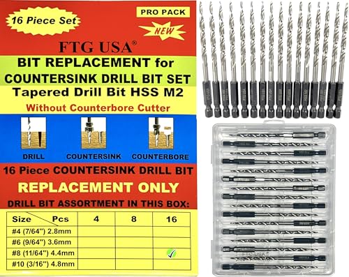 FTG USA 16Pc #8 (11/64") Replacement Countersink Drill Bit Set Tapered Bits - size: #8 (11/64"), style: 16 Bits w/o cutter