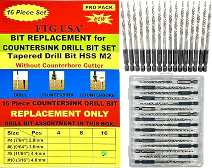 FTG USA 16Pc #8 (11/64") Replacement Countersink Drill Bit Set Tapered Bits - size: #8 (11/64"), style: 16 Bits w/o cutter