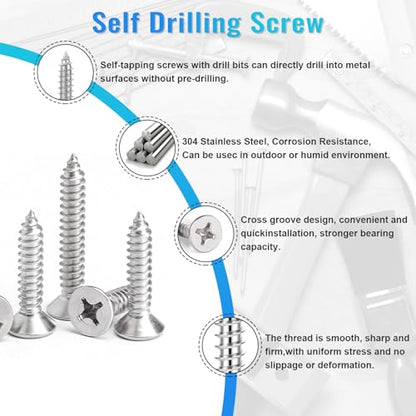 460PCS Stainless Steel Wood Screws Assortment Kit, 18 Sizes #4#6#8#10#12 Flat Head Sheet Metal Screws Self Tapping Screws Set for Wood Deck Drywall Concrete Screws, Length 1/4" to 2" - style: Silver Flat Head 460PCS