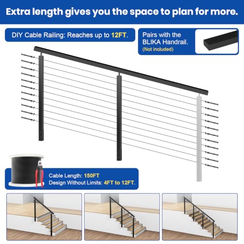 BLIKA 4FT-12FT Complete Set 36" Side Mount Stair Cable Railing Post - color: Side Mount Stair Kit (4–12FT, 150FT Cable)