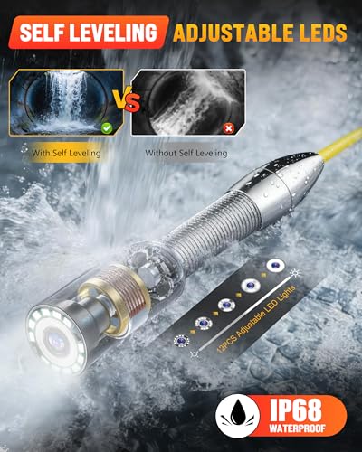 OKK Sewer Camera with 512Hz Locator, Professional 9" Self-Leveling Drain Camera 300ft, Distance Counter, 7mm Cable, Pull Handle, Wheels, IP68 Waterproof, DVR with Mic, 32GB Card, 5100mAh Battery - size: 300ft/90m
