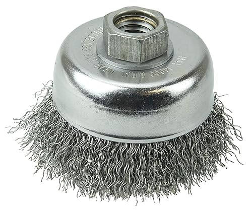 Weiler 13245 3" Crimped Wire Cup Brush, .014" Steel Fill, 5/8"-11 UNC Nut, Made in the USA - size: 3" Dia, style: .014" Wire Size x 1" Trim Length