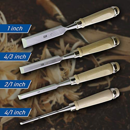 Woodworking 4 PC Wood Chisel Set Chrome-Vanadium Steel with Hornbeam Handles for Carpentry, Woodworking, Carving, Craftsman, 1/4 inch,1/2 inch,3/4 inch, 1 inch - size: 4 Piece Wood Chisel