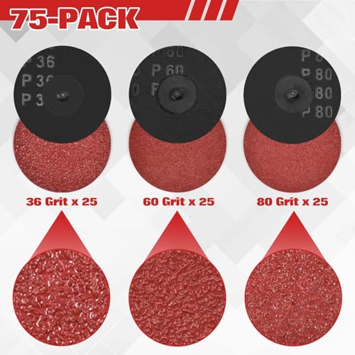 75 PCS 3 Inch Surface Conditioning Sanding Discs - 30/60/80 Grit Quick Change Drill & Die Grinder Sanding Pads with 1/4" Holder for Surface Strip Grind Polish Burr Rust Paint Removal - style: 36/60/80 Grit-2 inch