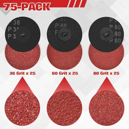 75 PCS 3 Inch Surface Conditioning Sanding Discs - 30/60/80 Grit Quick Change Drill & Die Grinder Sanding Pads with 1/4" Holder for Surface Strip Grind Polish Burr Rust Paint Removal - style: 36/60/80 Grit-2 inch