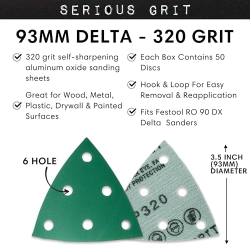 Serious Grit - 93mm 6-Hole P320 Grit Triangle Sanding Sheets - 50 Pack Box - style: 320 Grit