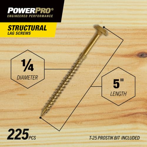 Power Pro Structural Lag Screws, 1/4in x 5in, 225 Pieces, Bronze - color: Bronze, size: 1/4 inch x 5 inch, style: 225pc
