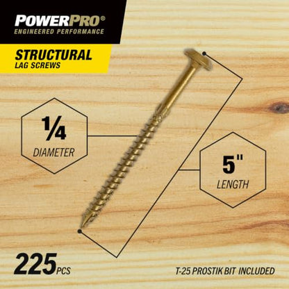 Power Pro Structural Lag Screws, 1/4in x 5in, 225 Pieces, Bronze - color: Bronze, size: 1/4 inch x 5 inch, style: 225pc
