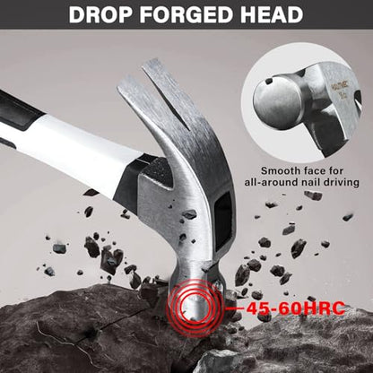 HAUTMEC 16 oz Claw Hammer, Drop Forged Claw Hammers with Magnetic Nail Holder and Firberglass Handle, Curved Jaw of Nail Puller, Smooth Face, HTMAM25003 - color: 16oz Claw Hammer