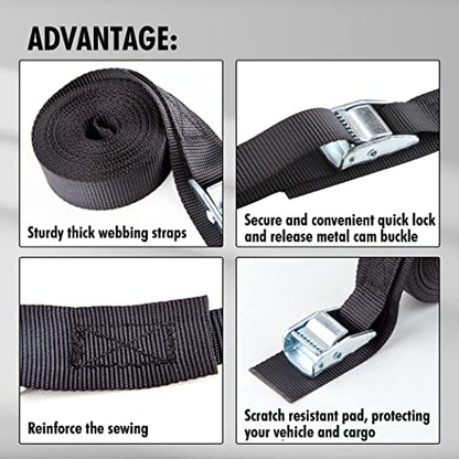 Cartman 1" x 15 ft Cam Buckle Straps, 8 Pack, 600 lb Break Strength, Black - color: Black, size: 8 PK