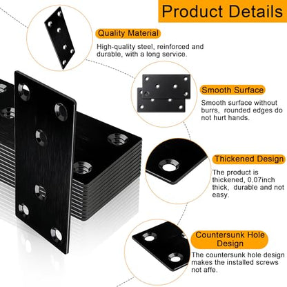 20 Pack Flat Straight Brace Bracket, 4 x 2 inch Black Steel Stainless Mending Plate with Screws, Flat Metal Brackets for Wood Furniture Shelves Repair (100 × 50 mm)