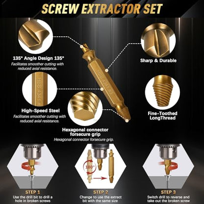 35 PCS Drill Bits Set, 3 Step Drill Bits, 13 Twist Drill Bits, 6 Taps(M3-M10) and 6 Screw Extractors, High Speed Steel Drill Bit Kit Titanium Coated Bits for Plastic Wood Metal, with Storage Bag