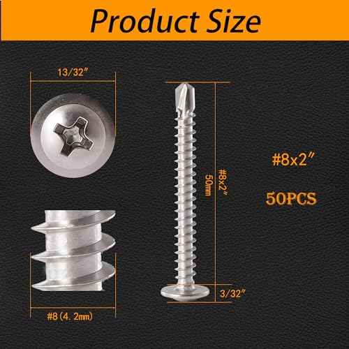 #8 x 2 50PCS 410 Stainless Silver Truss Head Tek Screws - size: #8 x 2"（50pcs）