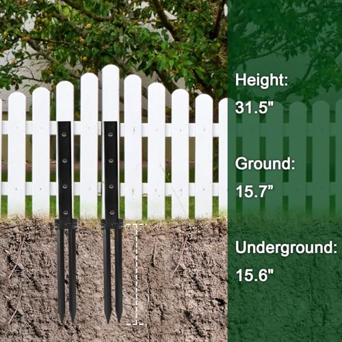 TOPZEA 2 Pack Fence Post Repair Kit, Heavy Duty Steel Stabilizer Stakes, Ground Anchors Spike to Fix Leaning/Tilted/Broken Wood Posts, Metal Support for Garden & Yard Fencing, Black